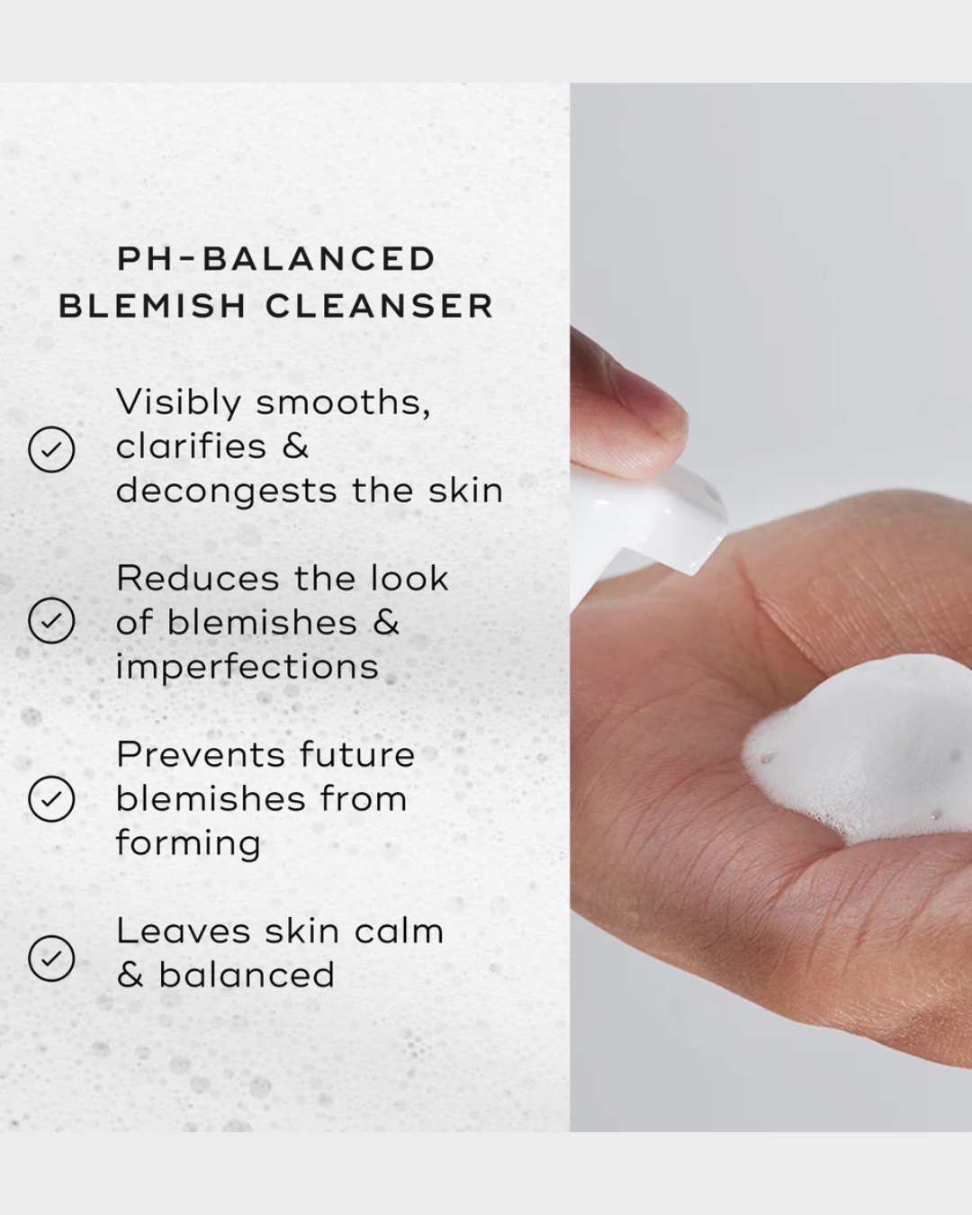 PH-balanced blemish cleanser with text highlighting its benefits on a white background.