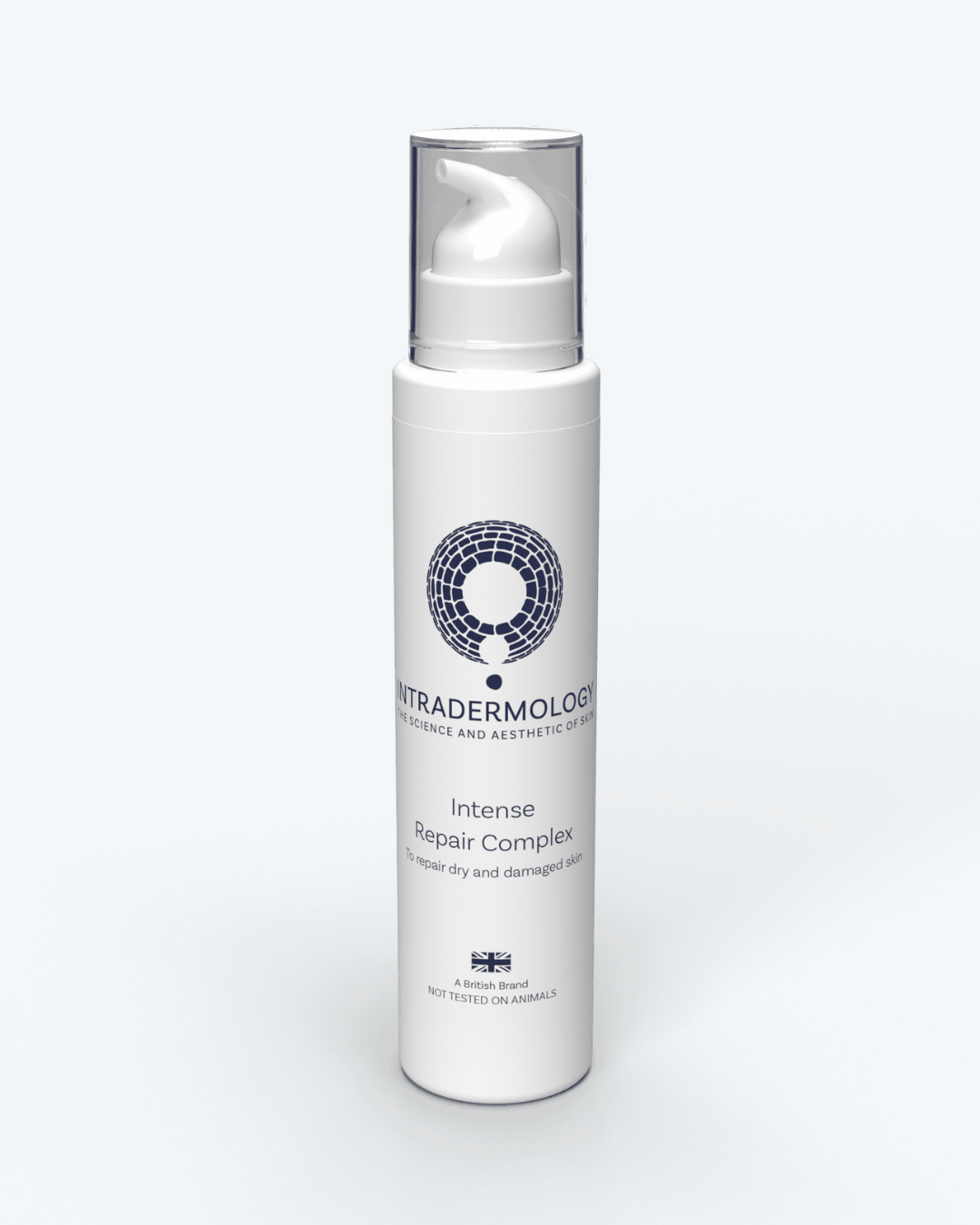 Skincare bottle labeled intradermology intense repair complex on a white background
