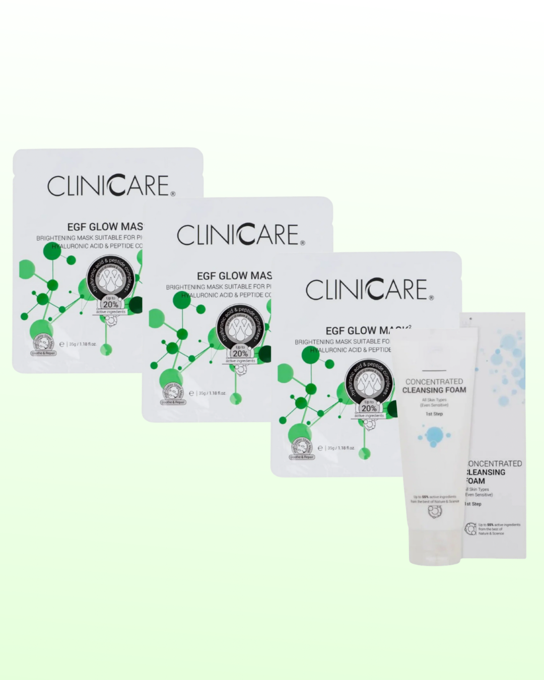 CLINICCARE  EGF GLOW MASK x 3 & Concentrated Cleansing Foam