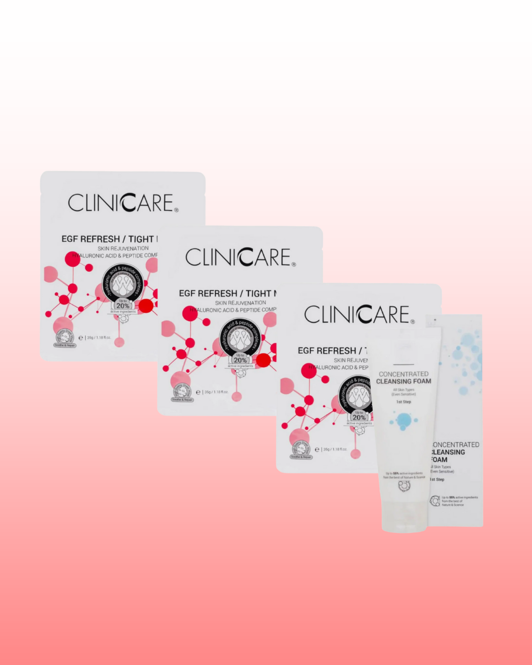 Clinicare refresh range sheet mask with foaming cleanser 