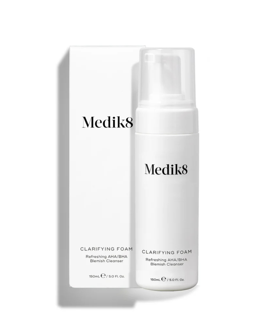 Medik8 clarifying foam bottle on a white background