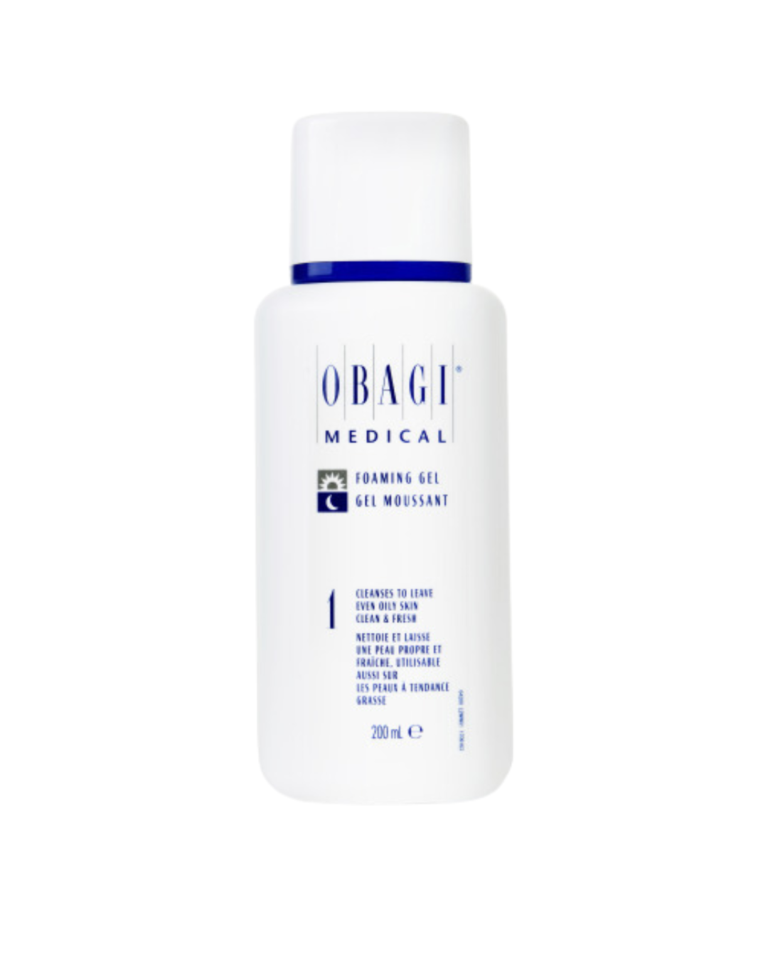 A white bottle of Obagi Medical Foaming Gel with blue text and a blue accent band, set against a plain white background.