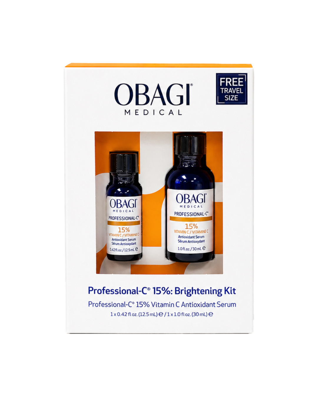 Obagi Medical Professional-C+ 15% Brightening Kit in a white box with orange accents, containing two bottles: a 1.0 fl oz Vitamin C antioxidant serum and a 0.