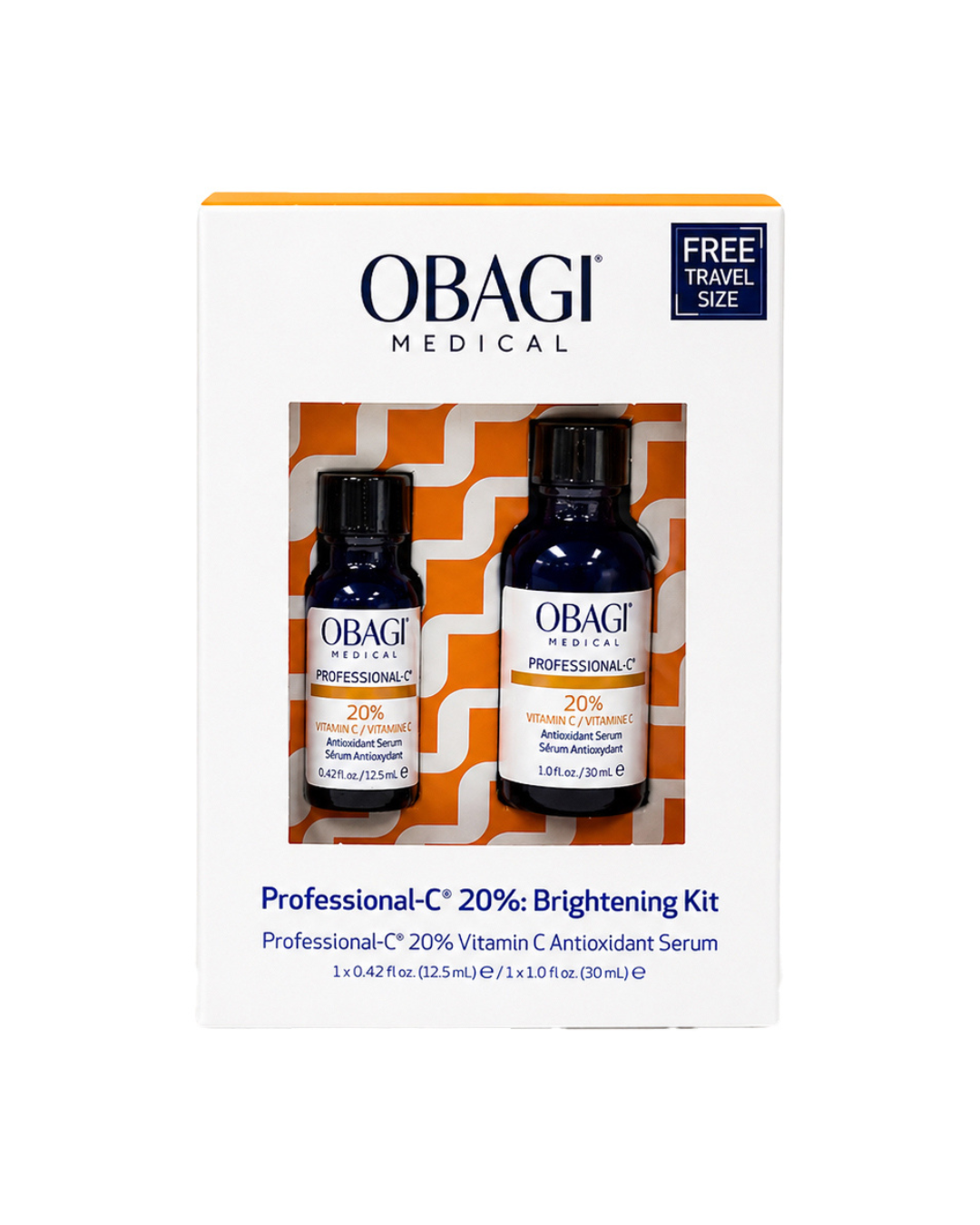 Obagi Medical Professional-C 20% Brightening Kit in a white box with orange accents, containing two serum bottles, shown on a plain white background.