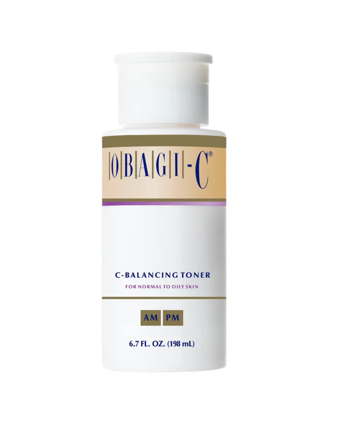 A white bottle of OBAGLI-C C-Balancing Toner with a gold and purple label, shown on a plain white background.