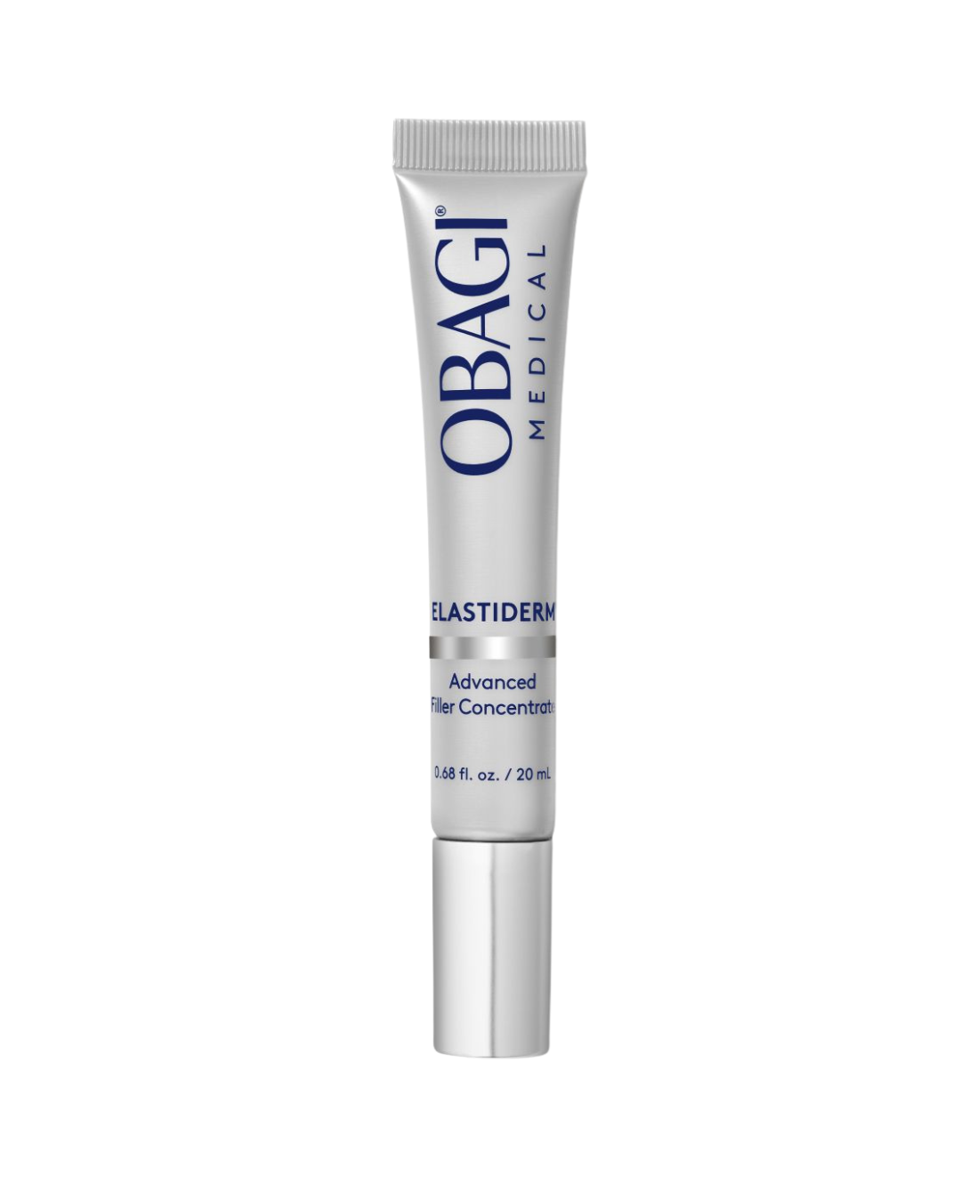A 20 mL silver squeeze tube of Obagi Medical Elastiderm Advanced Fill Concentrate, featuring blue text and a metallic silver cap, centered on a plain white background.