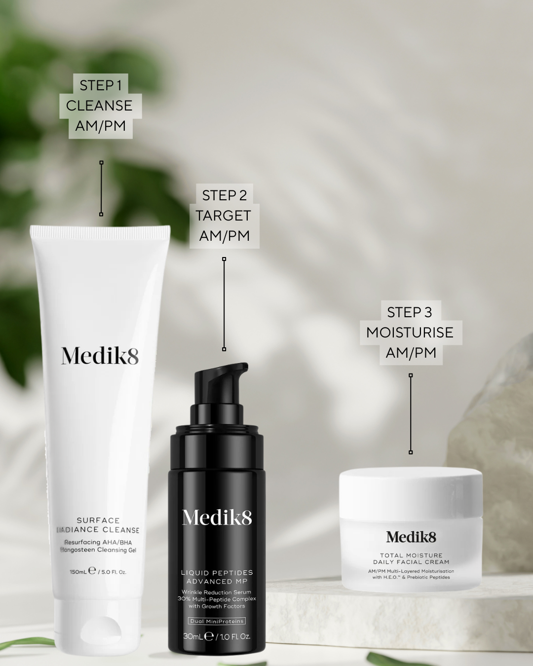 Medik8 skincare products with 'Age Defence Essentials' text on a blurred natural background. medik8 surface radiance cleanse, medik8 liquid peptides advanced MP, Medik8 total moisture daily facial cream.
