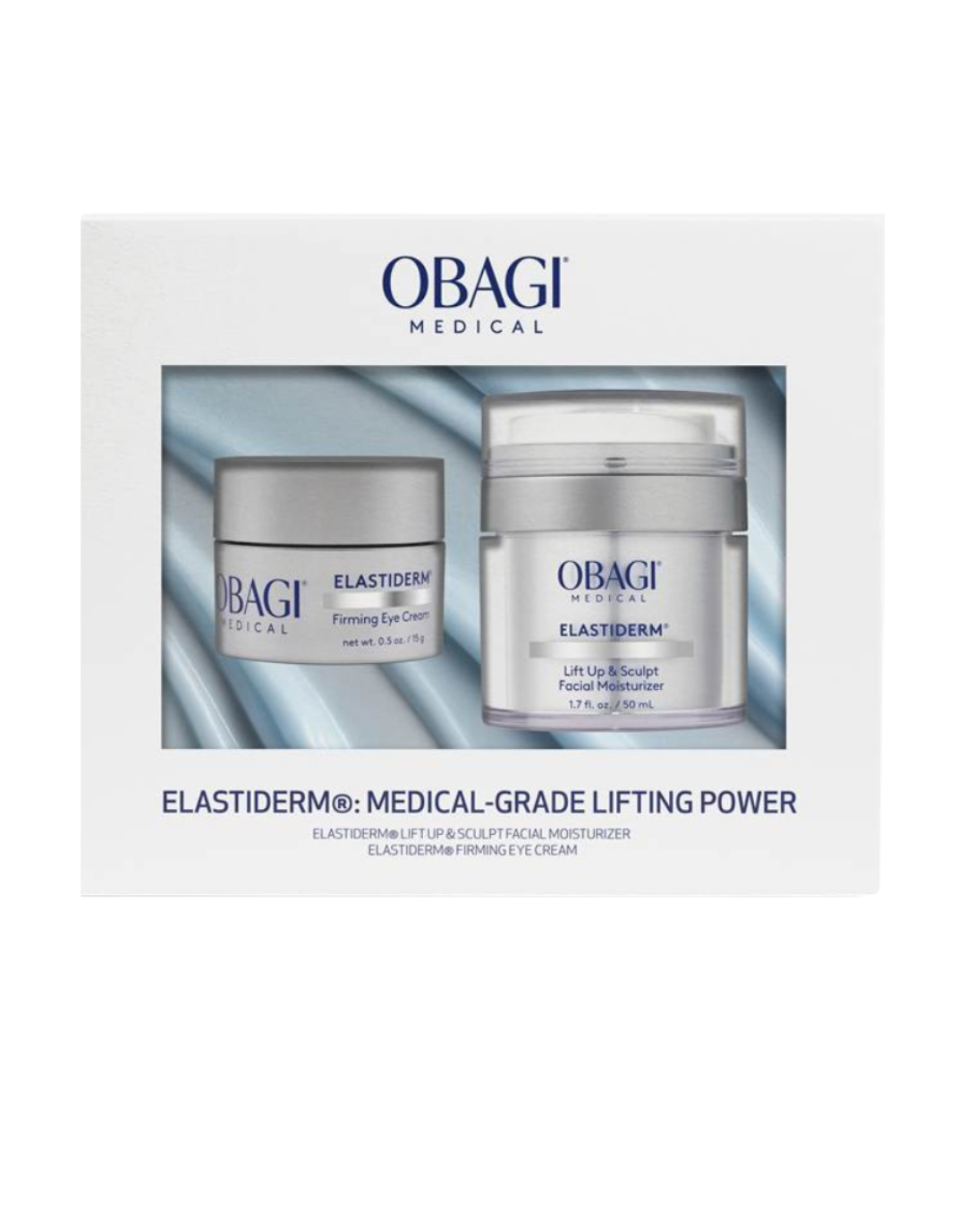 Obagi Medical Elastiderm Lift & Sculpt Facial Moisturizer and Firming Eye Cream set in a white gift box with a clear window showing the two products inside.